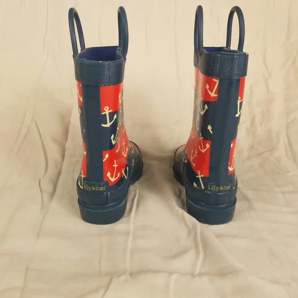 Lily & Dan Kids Nautical Anchor Striped Rubber Rain Boots Red Navy Blue Size 7/8